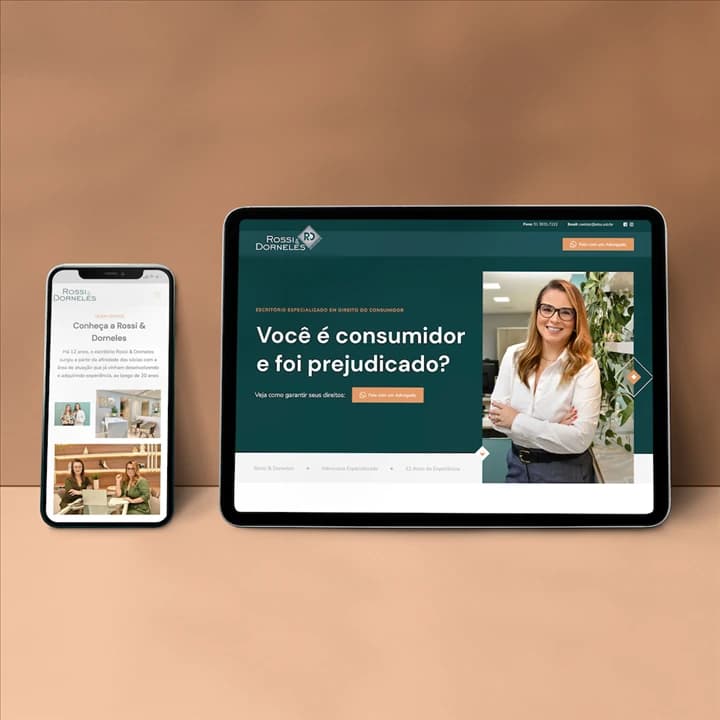Site da RD Advogados em um celular e em um tablet