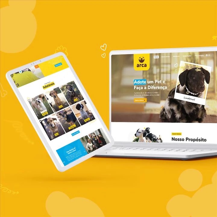 Site do Instituto Arca em um notebook e em um celular, sobre fundo amarelo