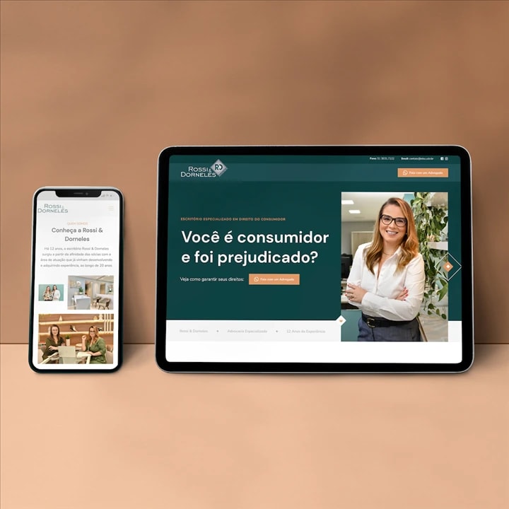 Site da RD Advogados em um celular e em um tablet